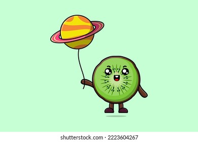 Dibujo lindo fruta Kiwi flotando con globo planetario ilustración vectorial