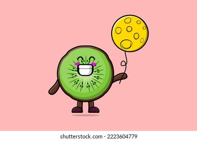 Cute cartoon Kiwi fruit floating with moon balloon cartoon vector illustration