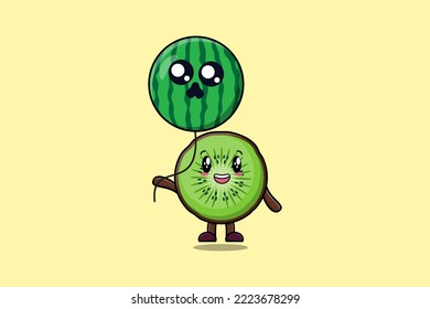 Cute cartoon Kiwi fruit floating with watermelon balloon in flat cartoon vector icon illustration