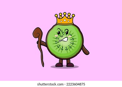 Cute cartoon Kiwi fruit mascot as wise king with golden crown and wooden stick illustration