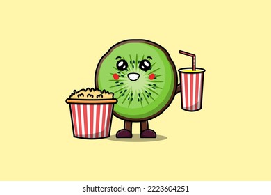 Cute cartoon Kiwi fruit with popcorn and drink ready to watching film in cinema