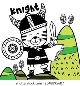 Cute Cartoon Knight Cat Illustration with Sword, Shield, and Viking Helmet in Black and Green Theme  
