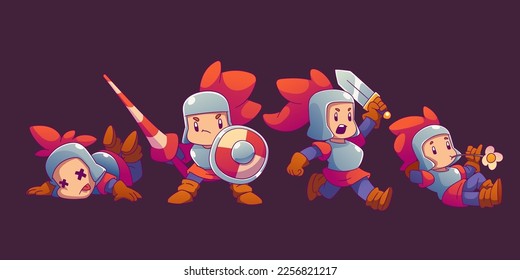 Cute cartoon knight with helmet, medieval warrior isolated on background. Fantasy small cavalier character in armor suit with sword, shield and peak, vector illustration in contemporary style