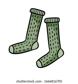 Cute cartoon knitted socks doodle image. Media highlights icon isolated on white background