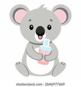 Cute cartoon koala baby holding a baby bottle.Perfect for kids books, games, nursery art, or Australian themed designs.Vector