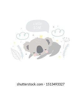 Cute cartoon koala baby sleeping. Windy poster for Baby shower with a cute sleeping koala character. A wonderful print for the decor of a children's bedroom.