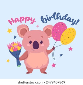 Cute cartoon koala bear with air balloons and flowers and text Happy Birthday! Greeting card with koala. Flat vector illustration.