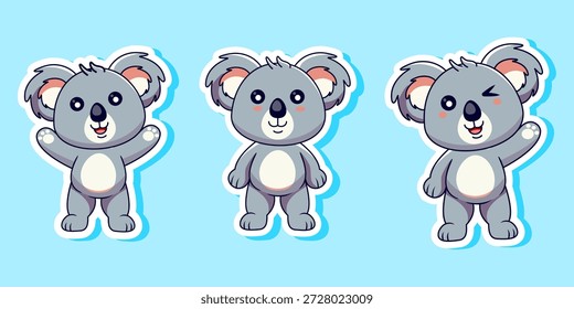Cute Cartoon Koala Bear Characters Standing Sticker Set Vector Illustration 