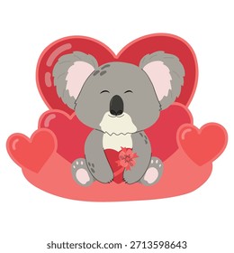 Lindo oso koala de dibujos animados está abrazando una forma de corazón rojo. Escena de la naturaleza de San Valentín. Amor en la naturaleza.