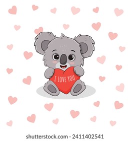 Cute cartoon koala bear isolated on background with hearts. Postcard for Valentine's Day, Mothers day.Vector illustration