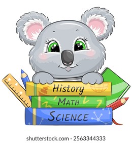 Cute cartoon koala bear with school books, pencils, notebook and  measuring ruler. Vector illustration of animal on a white background.