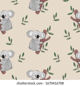 Cute cartoon koala bears pattern. Seamless vector illustration for kids.	