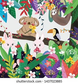 Cute cartoon koala bear,sloth,rabbit bunny and hill bird in colorful forest,colorful flower and leaf frame,illustration vector doodle comic art.