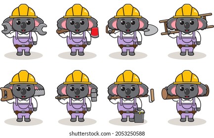 Cute cartoon of Koala being a handyman with big tools. Character animal. Cartoon style Handyman with the tools. Children's illustration.
