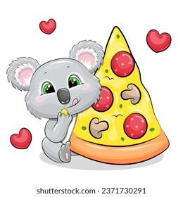Cute cartoon koala with a big piece of pizza. Vector illustration of animal on a white background with red hearts.