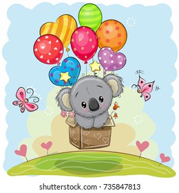 Cute Cartoon Koala in the box is flying on balloons