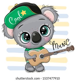 Cute Cartoon Koala in a cap is playing guitar