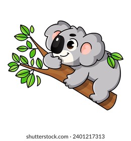 A cute cartoon koala character lying on a branch.