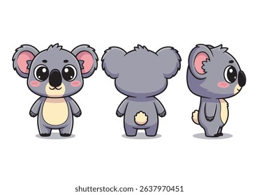 Cute Cartoon Koala Character Set - Front, Back, and Side View for Animation and Mascot. Vector illustraton