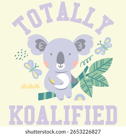 Bonito coala de desenho animado. Estilo plano de ilustração vetorial infantil. Urso coala sentado, borboleta e coala sentado na árvore. Para cartaz, cartão de saudação, design de bebê, gráfico,
