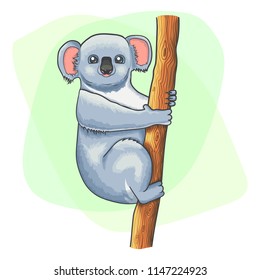 Cute cartoon koala clung to a tree. Endangered animal species from Australia. Vector illustration of marsupial mammal. Phascolarctos cinereus