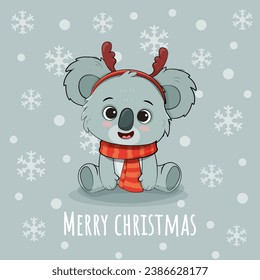 Cute cartoon koala cub isolated on blue-gray background. Christmas card with koala bear in red scarf . Vector illustration