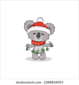 Cute Cartoon koala cub einzeln auf weißem Hintergrund. Weihnachtskarte mit Koala-Bär. Vektorgrafik