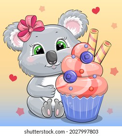 Cute cartoon koala with a cupcake. Vector illustration of an animal on a colorful background with stars and hearts.