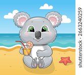 A Cute Cartoon Koala with a Drink on the Beach. Summer Animal vector illustration with sea, sun, sand and starfish.