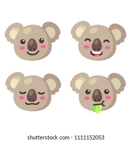 Cute cartoon koala face set. Funny koala bear with different expressions, isolated vector clip art illustration.