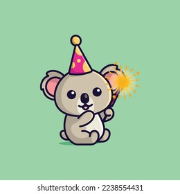 cute cartoon koala with fireworks in new year
