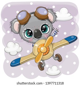 Cute Cartoon Koala is flying on a plane