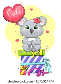 Cute cartoon koala with gifts and balloons. Holiday vector illustration with animal.