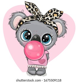 Cute Cartoon Koala girl with a bow and bubble gum