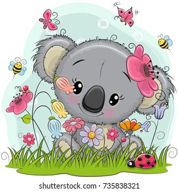 Cute Cartoon Koala girl on a meadow with flowers and butterflies