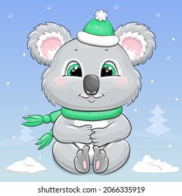 Cute cartoon koala in a green hat and scarf. Winter animal vector illustration on a blue background with snow.
