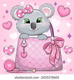 Cute cartoon koala with a hair bow in a woman's bag. Vector illustration of an animal on a pink background with hearts.