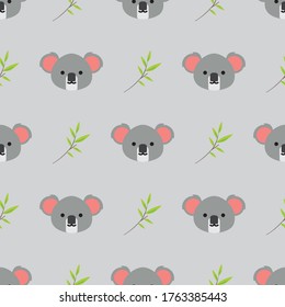 Cute Cartoon Koala Head and Eucalyptus Pattern