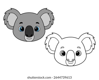 Cute cartoon koala head illustration, with one colored gray version and one black and white outline. Ideal for animal themes or coloring pages.