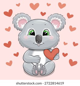 Lindo Koala de dibujos animados con corazones. Ilustración vectorial de animal sobre fondo rosa con corazones.