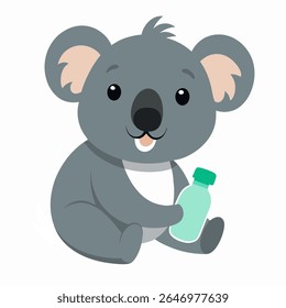 Bonito coala de desenho animado segurando uma garrafa de bebê. Marsupial cinza adorável com grandes orelhas e nariz em estilo divertido.Perfeito para livros infantis, jogos, arte infantil ou projetos temáticos australianos.Ilustração vetor
