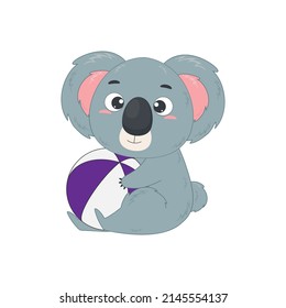 Cute cartoon koala holding a beach ball. Koala on a white background. Vector Illustration for design and print