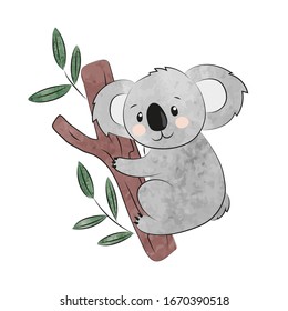 Cute cartoon koala isolated on white. Vector watercolor illustration.