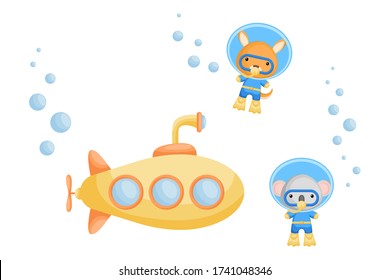 Cute cartoon koala and kangaroo in diving suit swim underwater near submarine. Design of t-shirt, album, card, invitation. Flat vector illustration isolated on white background.