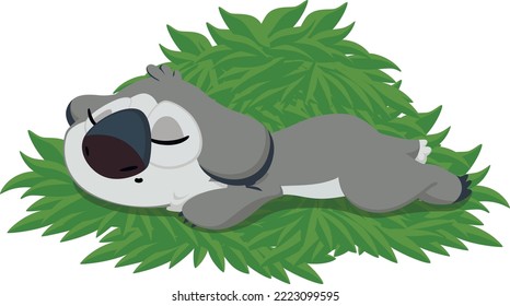 Cute cartoon koala lies on bamboo leaves. Koala sleeping. 