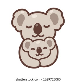 Cute cartoon koala mom hugging baby cub, sweet koalas family drawing. Simple vector clip art illustration, kawaii mascot or logo.