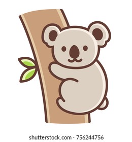 Cute cartoon koala on tree branch. Simple vector illustration isolated on white background.