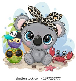 Cute Cartoon Koala, owls and crab on the beach