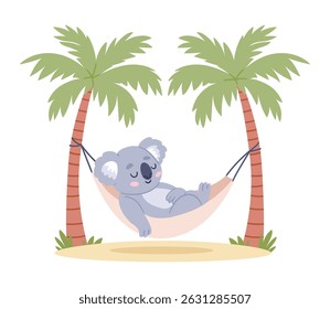 Bonito coala de desenho animado dormindo em paz em uma rede amarrada entre duas palmeiras em uma praia tropical. Relaxante e acolhedor vetor plana ilustração perfeita para impressões de berçário, projetos de verão

