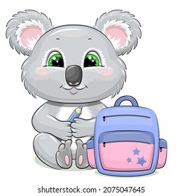 Cute cartoon koala with pencil and backpack. Vector illustration of an animal on a white background.